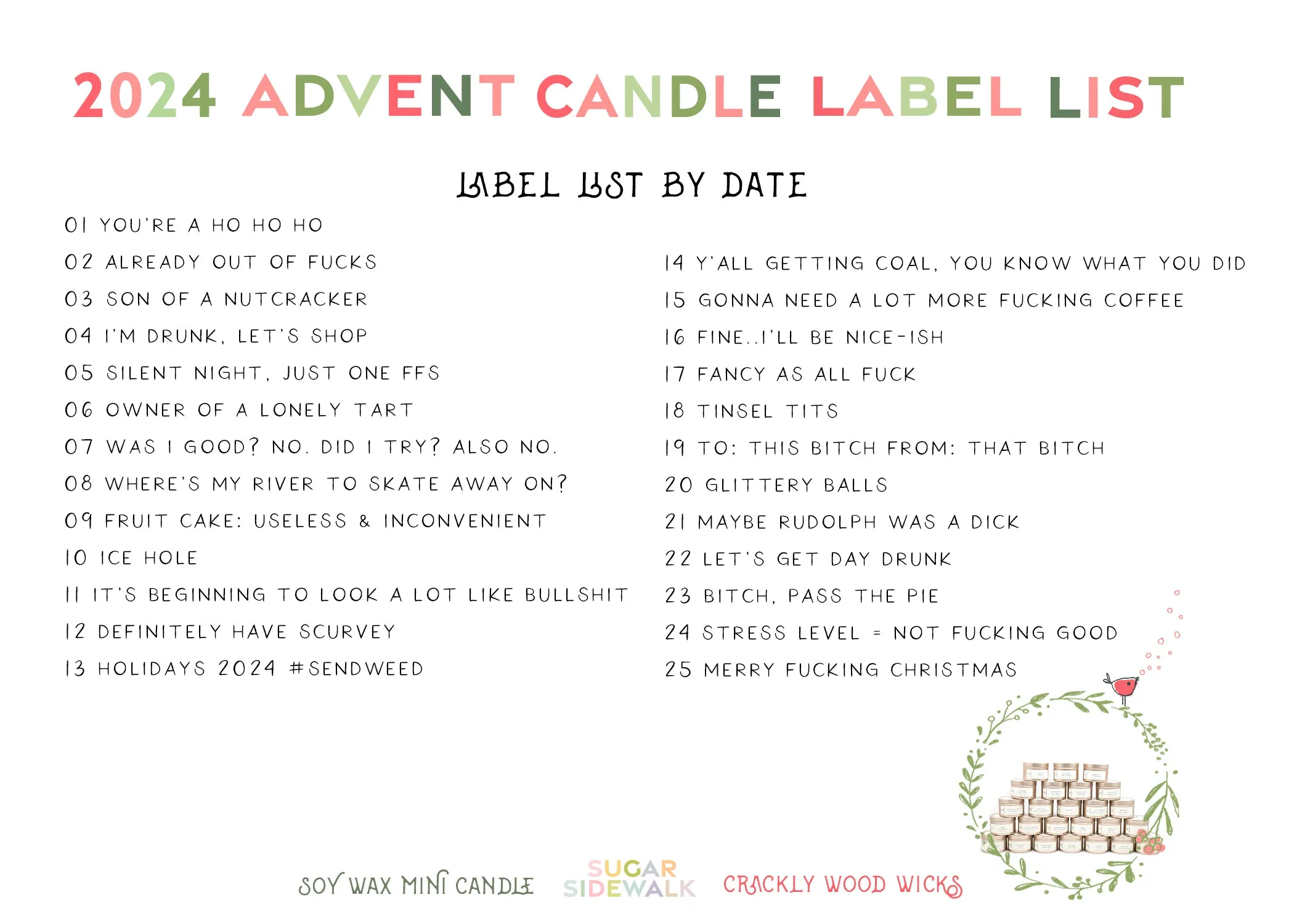 2024 Advent Candle Calendar with Funny Swear Word Holiday-ish Labels