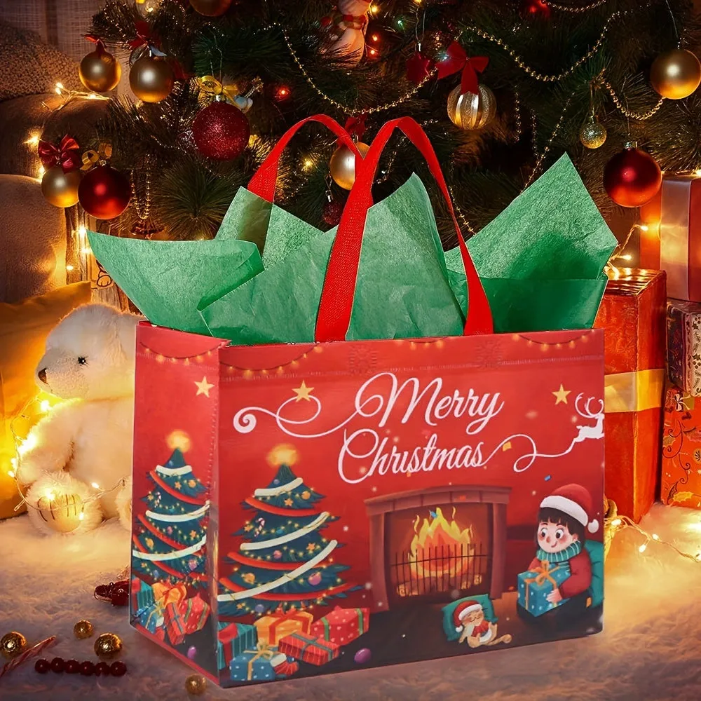 6pcs Large Reusable Non-Woven Christmas Tote Gift Bags with Handles, 12.6 x 9.8 x 6.7 Inches, Holiday Party Favor Good Bags for Big Grocery Shopping