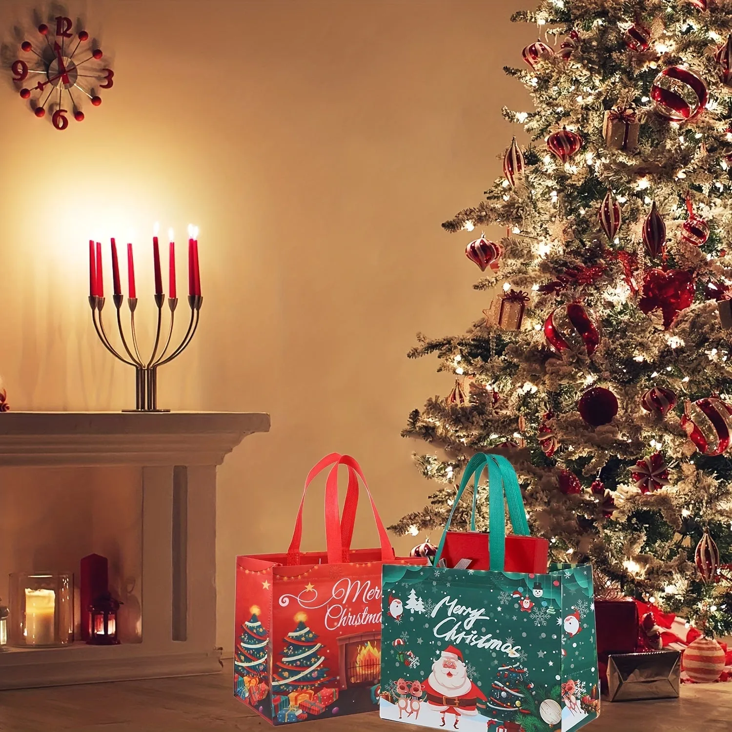 6pcs Large Reusable Non-Woven Christmas Tote Gift Bags with Handles, 12.6 x 9.8 x 6.7 Inches, Holiday Party Favor Good Bags for Big Grocery Shopping