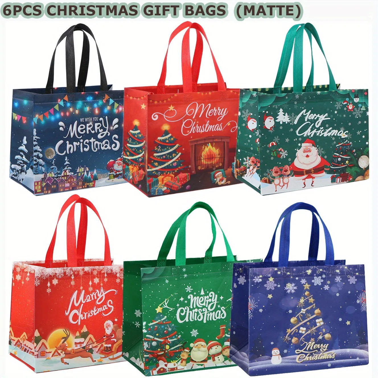 6pcs Large Reusable Non-Woven Christmas Tote Gift Bags with Handles, 12.6 x 9.8 x 6.7 Inches, Holiday Party Favor Good Bags for Big Grocery Shopping