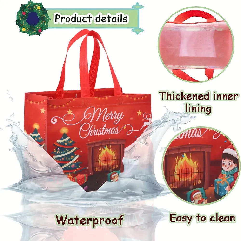 6pcs Large Reusable Non-Woven Christmas Tote Gift Bags with Handles, 12.6 x 9.8 x 6.7 Inches, Holiday Party Favor Good Bags for Big Grocery Shopping