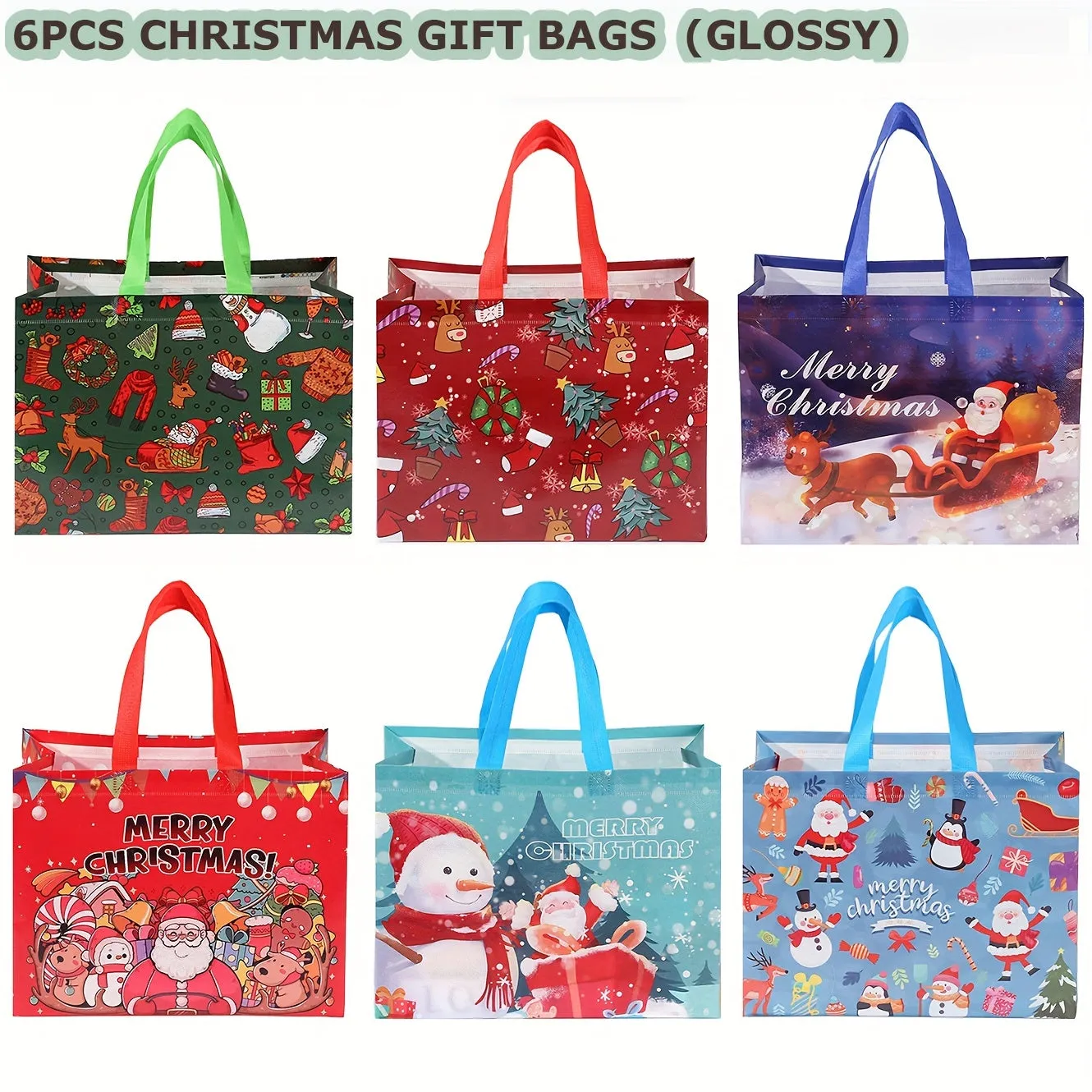 6pcs Large Reusable Non-Woven Christmas Tote Gift Bags with Handles, 12.6 x 9.8 x 6.7 Inches, Holiday Party Favor Good Bags for Big Grocery Shopping