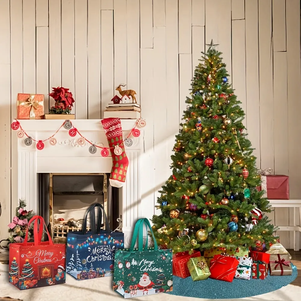 6pcs Large Reusable Non-Woven Christmas Tote Gift Bags with Handles, 12.6 x 9.8 x 6.7 Inches, Holiday Party Favor Good Bags for Big Grocery Shopping