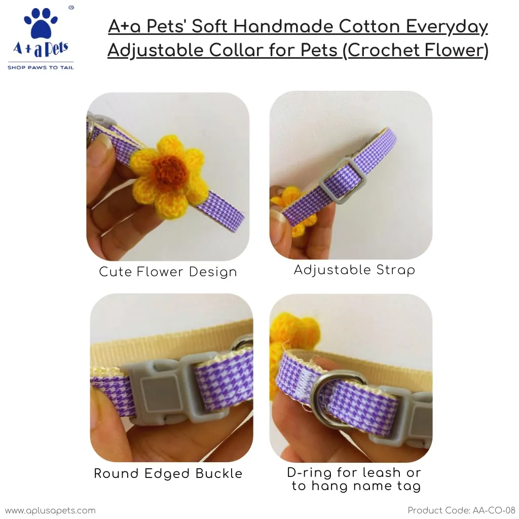 A a Pets' Crochet Flower Adjustable Cat Collar, Soft Handmade - Sunflower Yellow