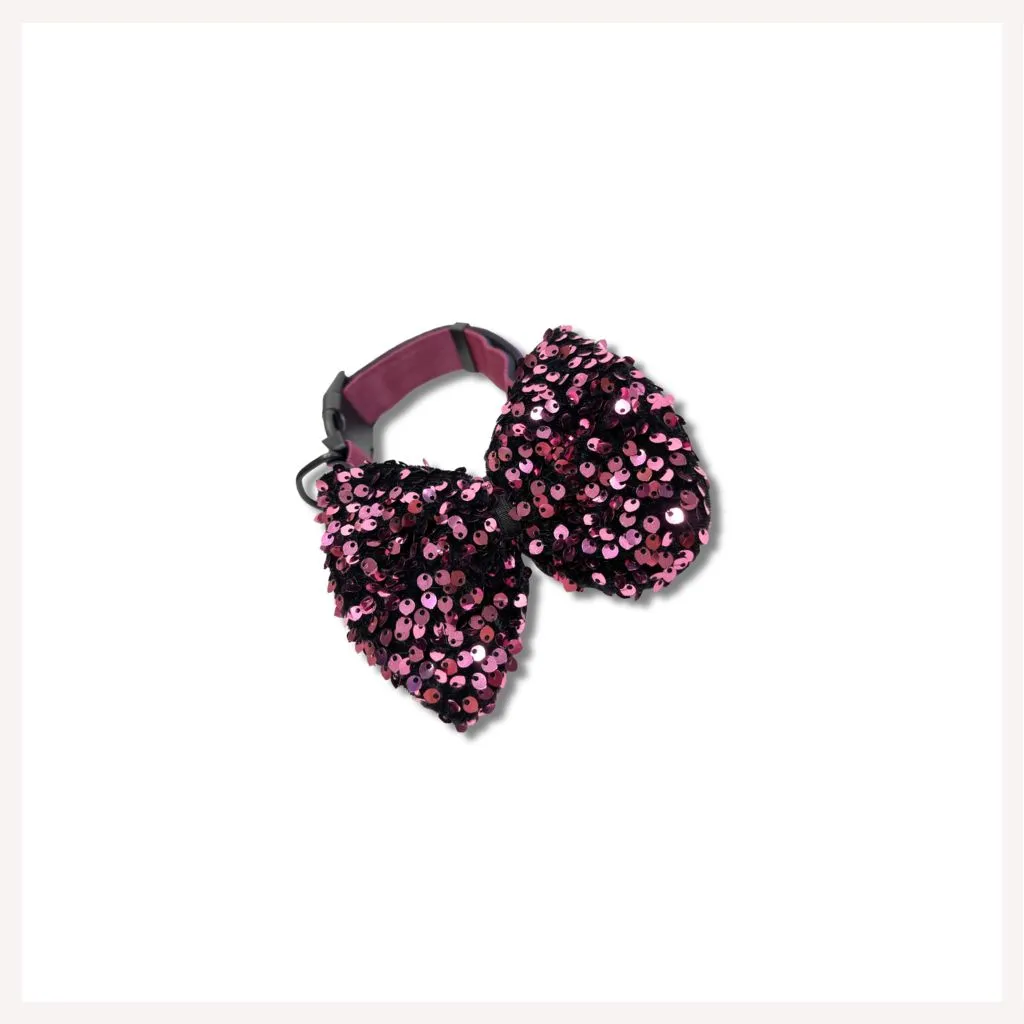 A a Pets' Sequins Collar & Bow Tie Set- PInk
