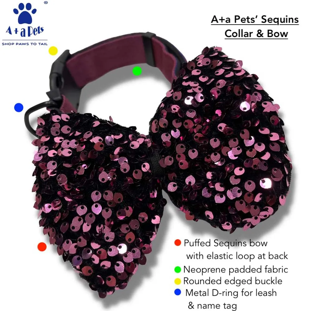 A a Pets' Sequins Collar & Bow Tie Set- PInk
