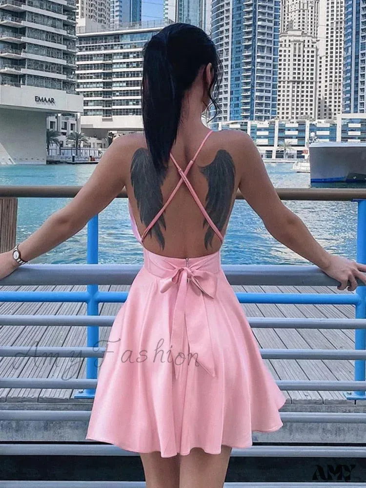 Amy Fashion - Satin Sexy Backless Party Night Club Wrap Mini Dress