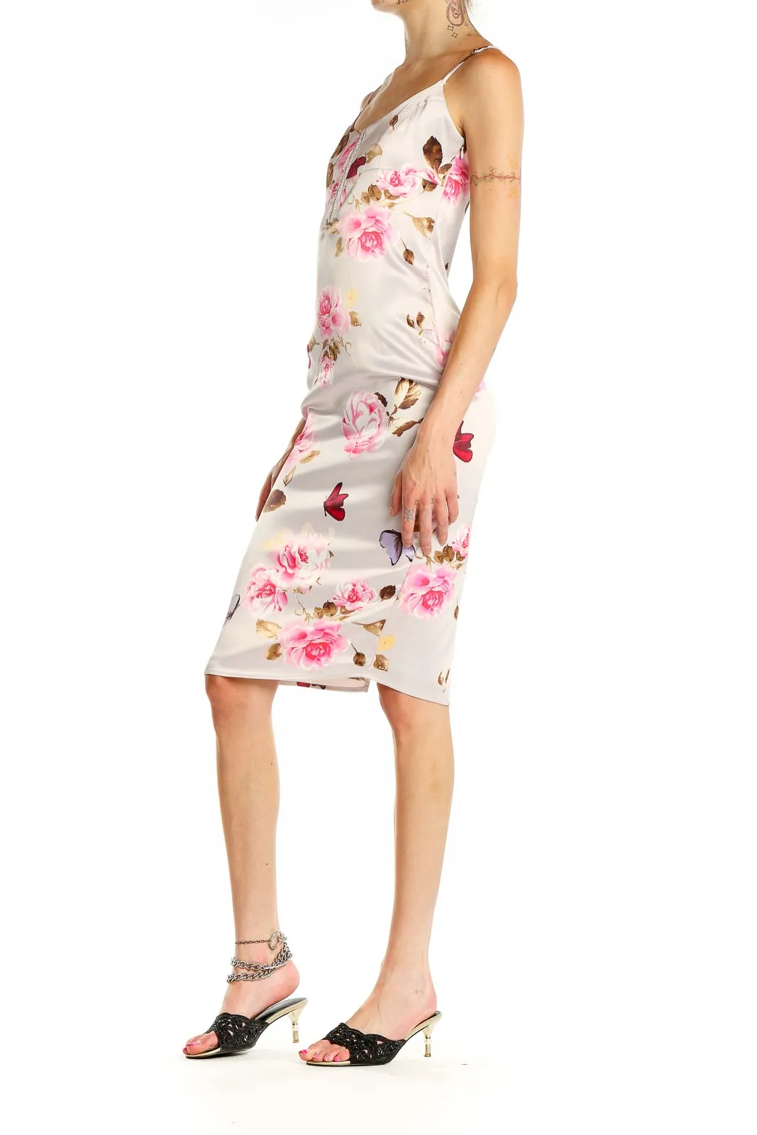 Beige Floral Satin Slip Dress