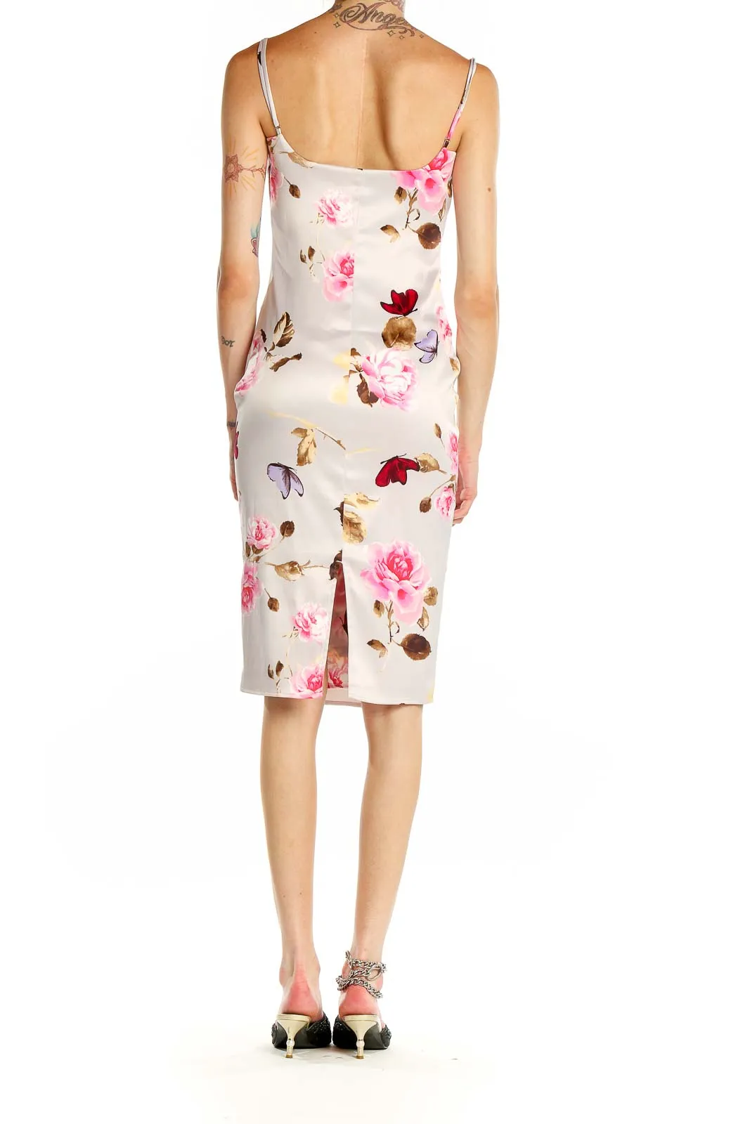 Beige Floral Satin Slip Dress