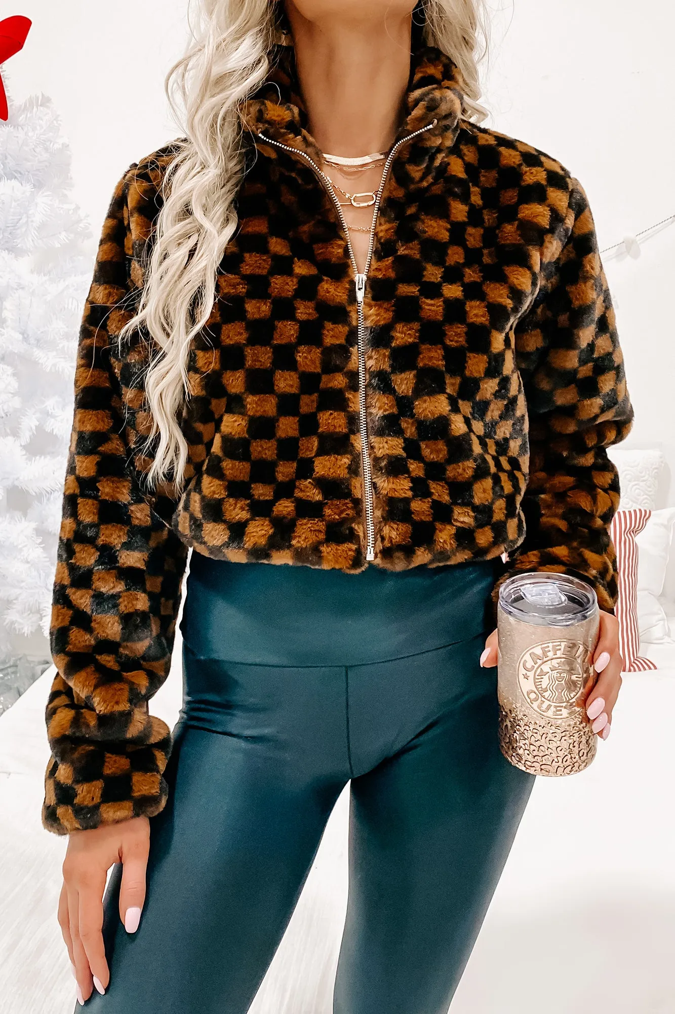 Better Be Boujee Checkered Faux Fur Jacket (Brown/Black)