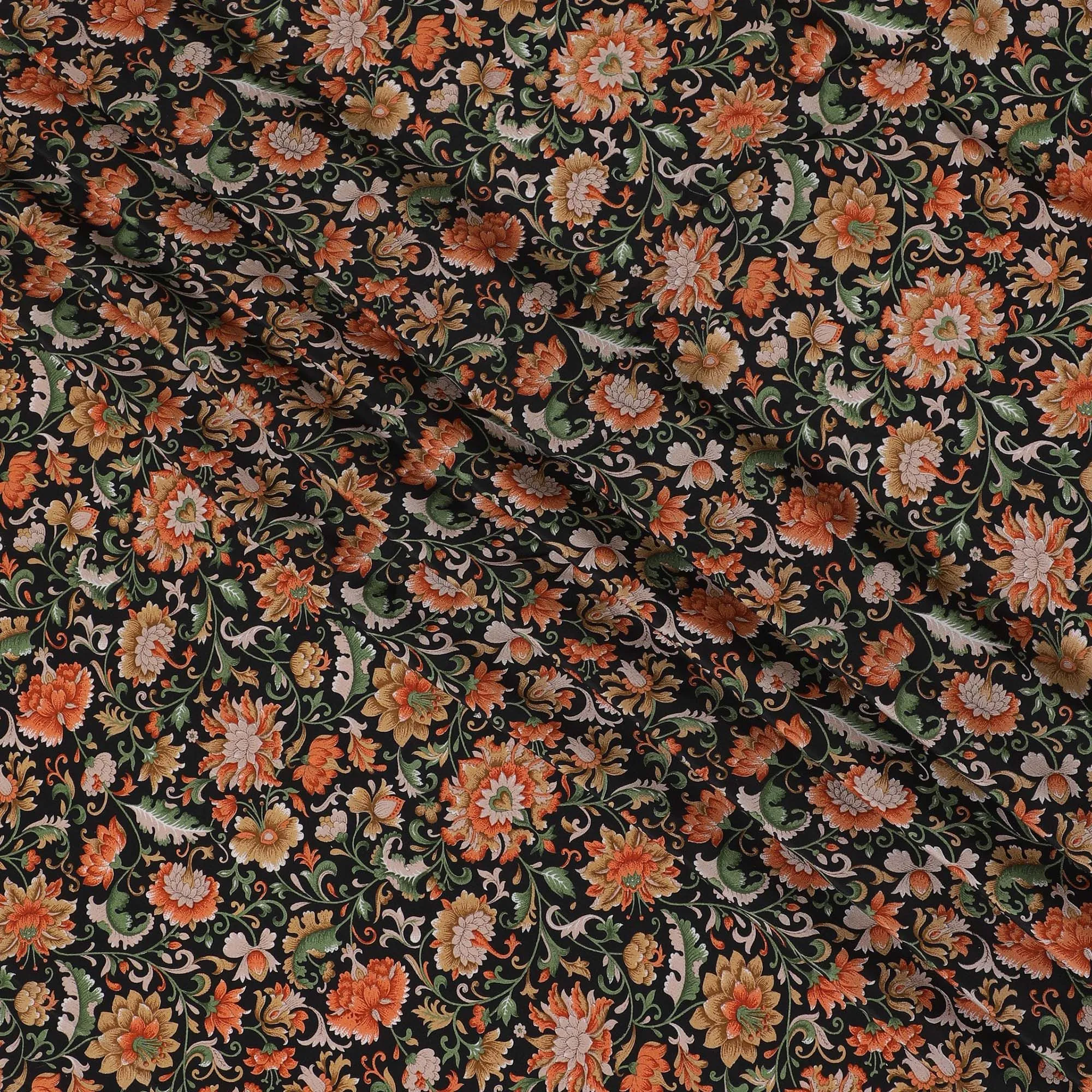 Black Premium pure silk crepe fabric with multicolor print in floral design-D16705
