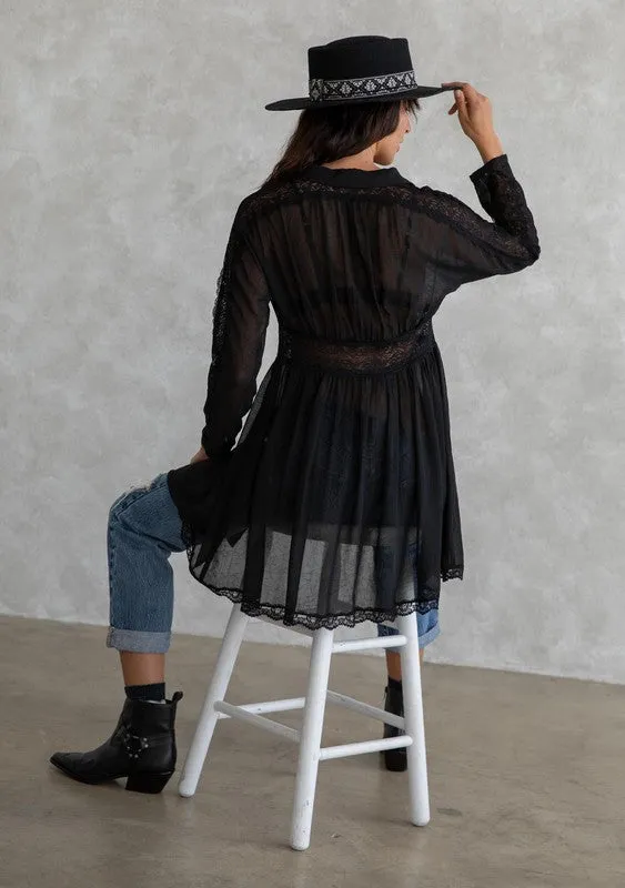 Bohemian Lace Detail Long Sleeve Collared Dress