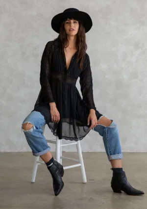 Bohemian Lace Detail Long Sleeve Collared Dress