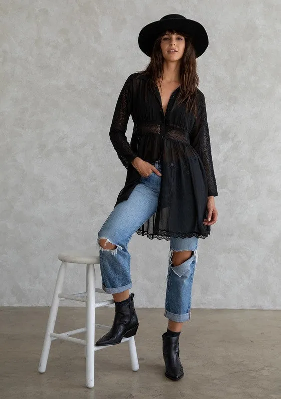 Bohemian Lace Detail Long Sleeve Collared Dress