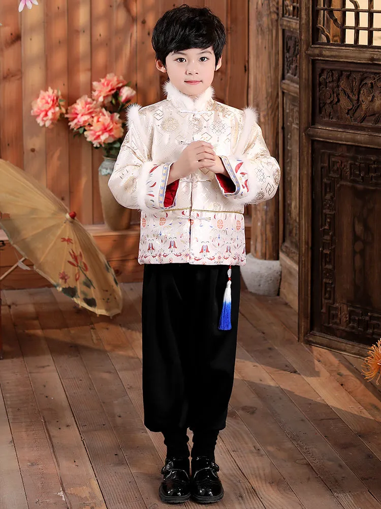 Brocade Fur Collar Chinese Style Boy's Wadded Suit