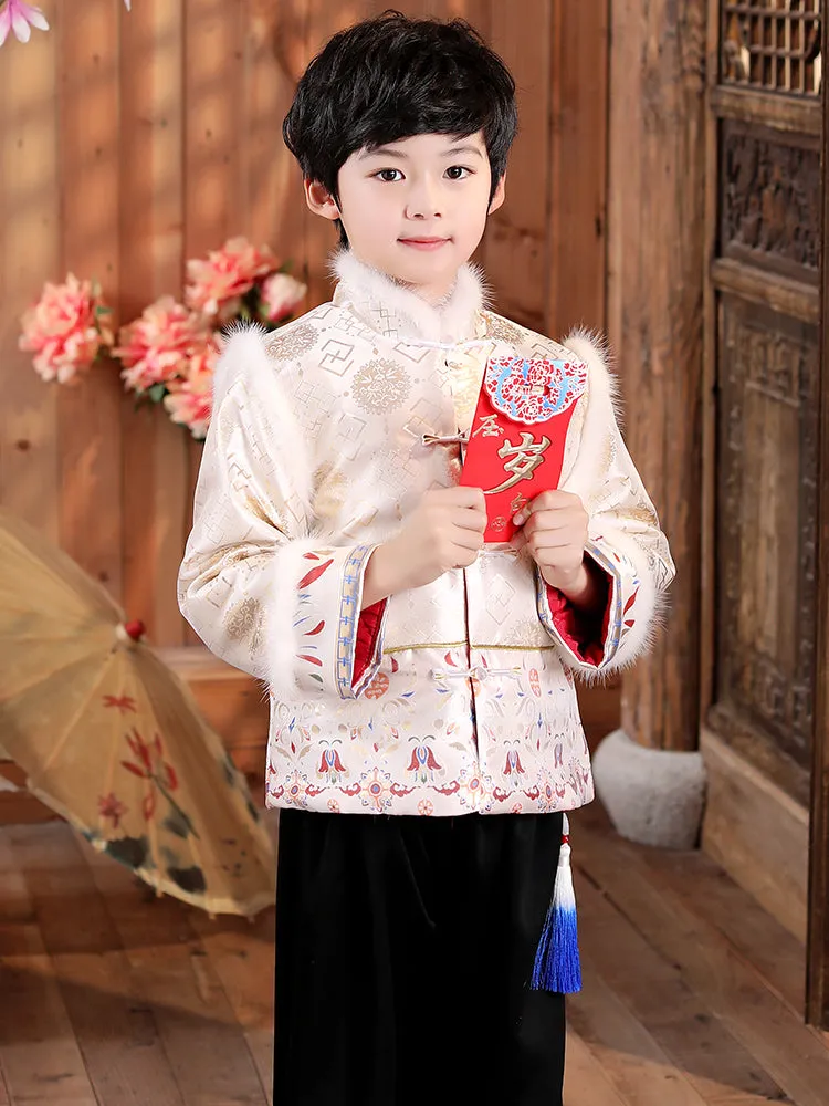 Brocade Fur Collar Chinese Style Boy's Wadded Suit