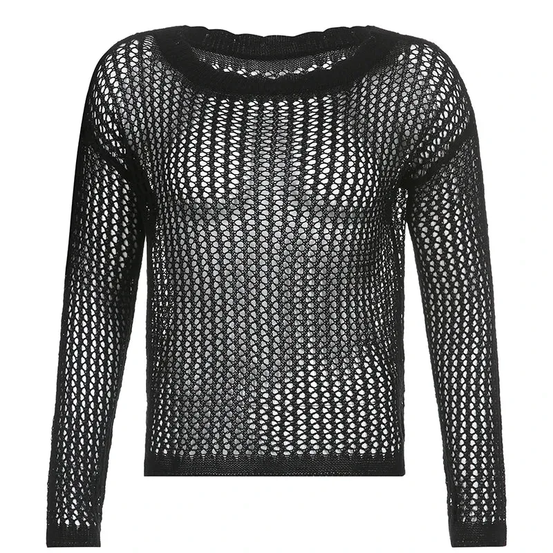 Casual Black Knitted Smock Top Sweater for Women Beach Holidays Summer Pullover Y2K Hollow Out Jumpers Knitwear Chic