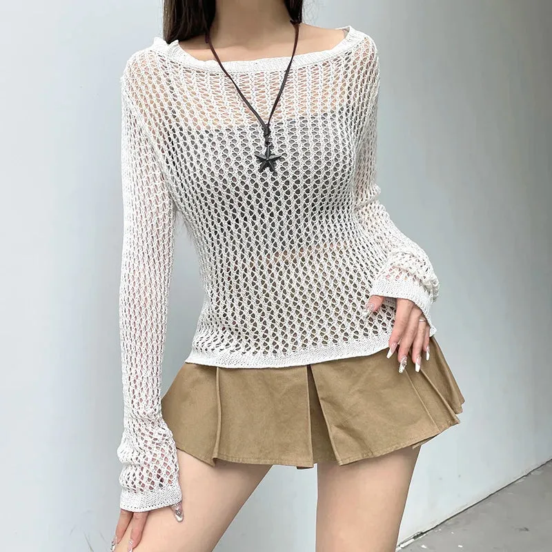 Casual Black Knitted Smock Top Sweater for Women Beach Holidays Summer Pullover Y2K Hollow Out Jumpers Knitwear Chic