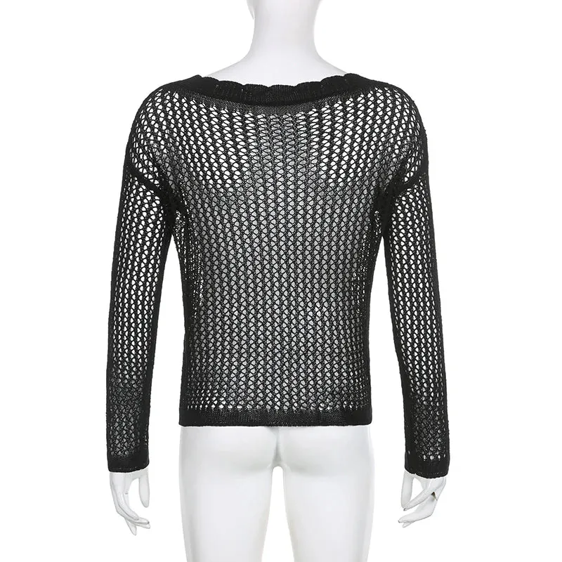 Casual Black Knitted Smock Top Sweater for Women Beach Holidays Summer Pullover Y2K Hollow Out Jumpers Knitwear Chic