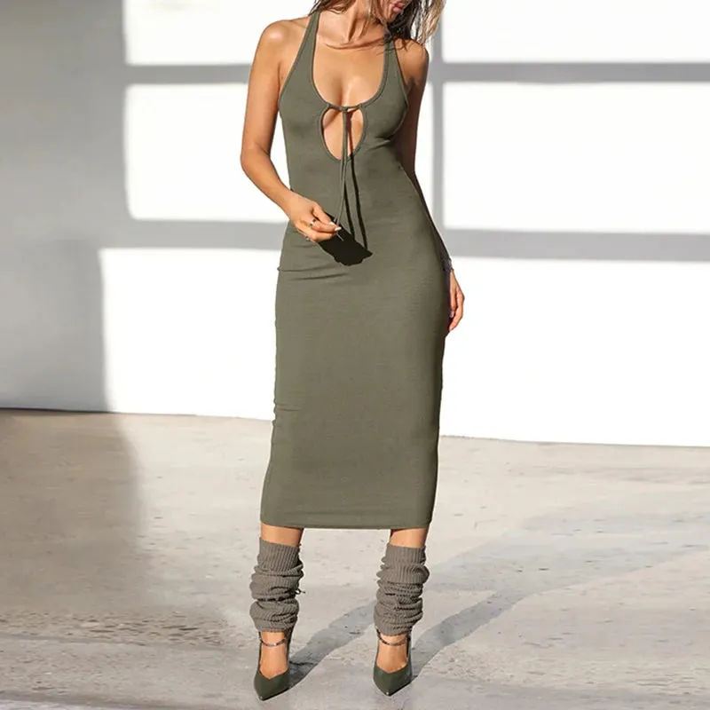 Causal Sporty Chic Sleeveless Long Dress Basic Solid Tie Up Fashion Elegant Summer Dresses Female Sexy Skinny Outfits