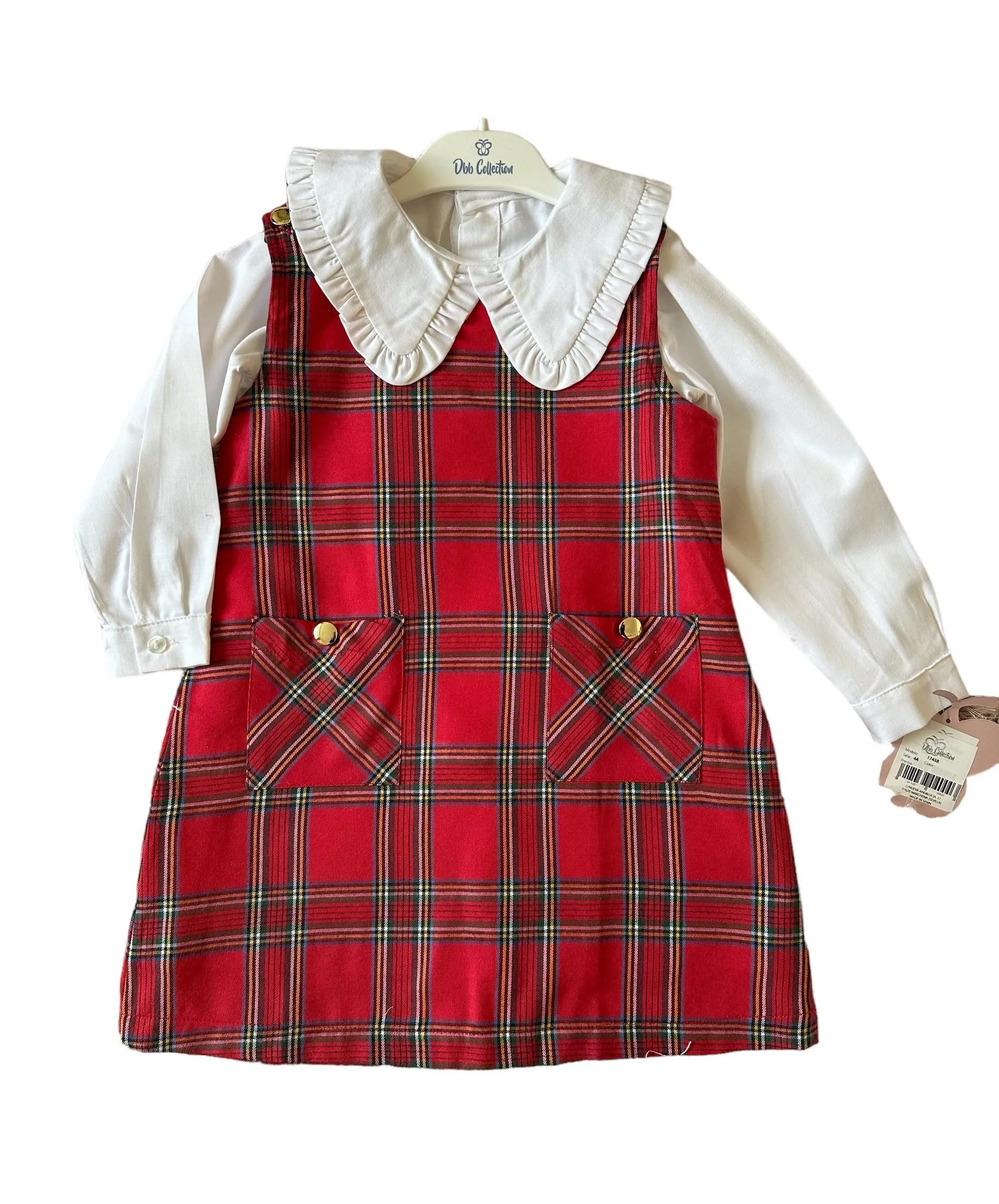 CLEARANCE SALE - Girls Tartan Print Slip Dress with Cream Statement Collar Blouse