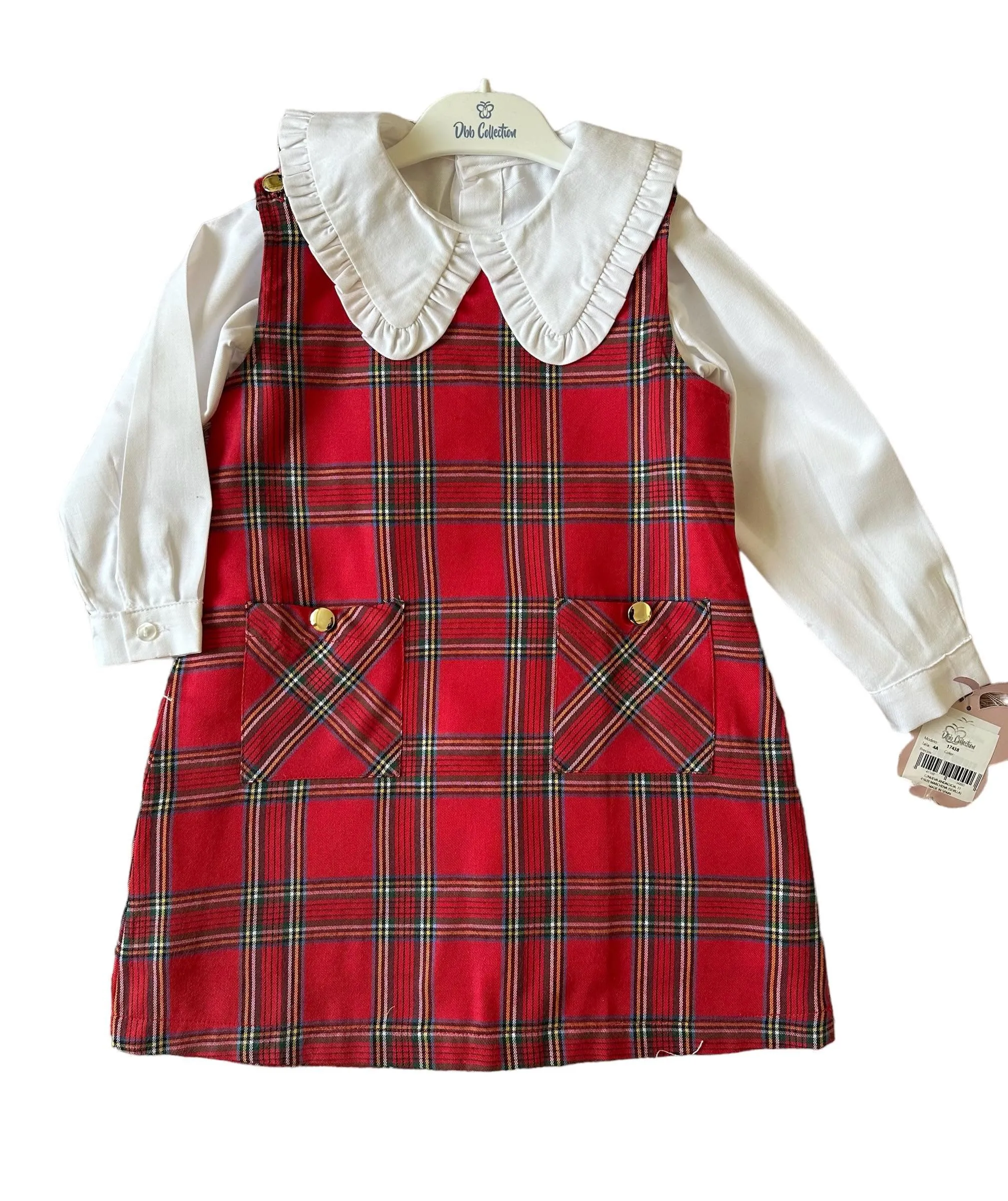 CLEARANCE SALE - Girls Tartan Print Slip Dress with Cream Statement Collar Blouse