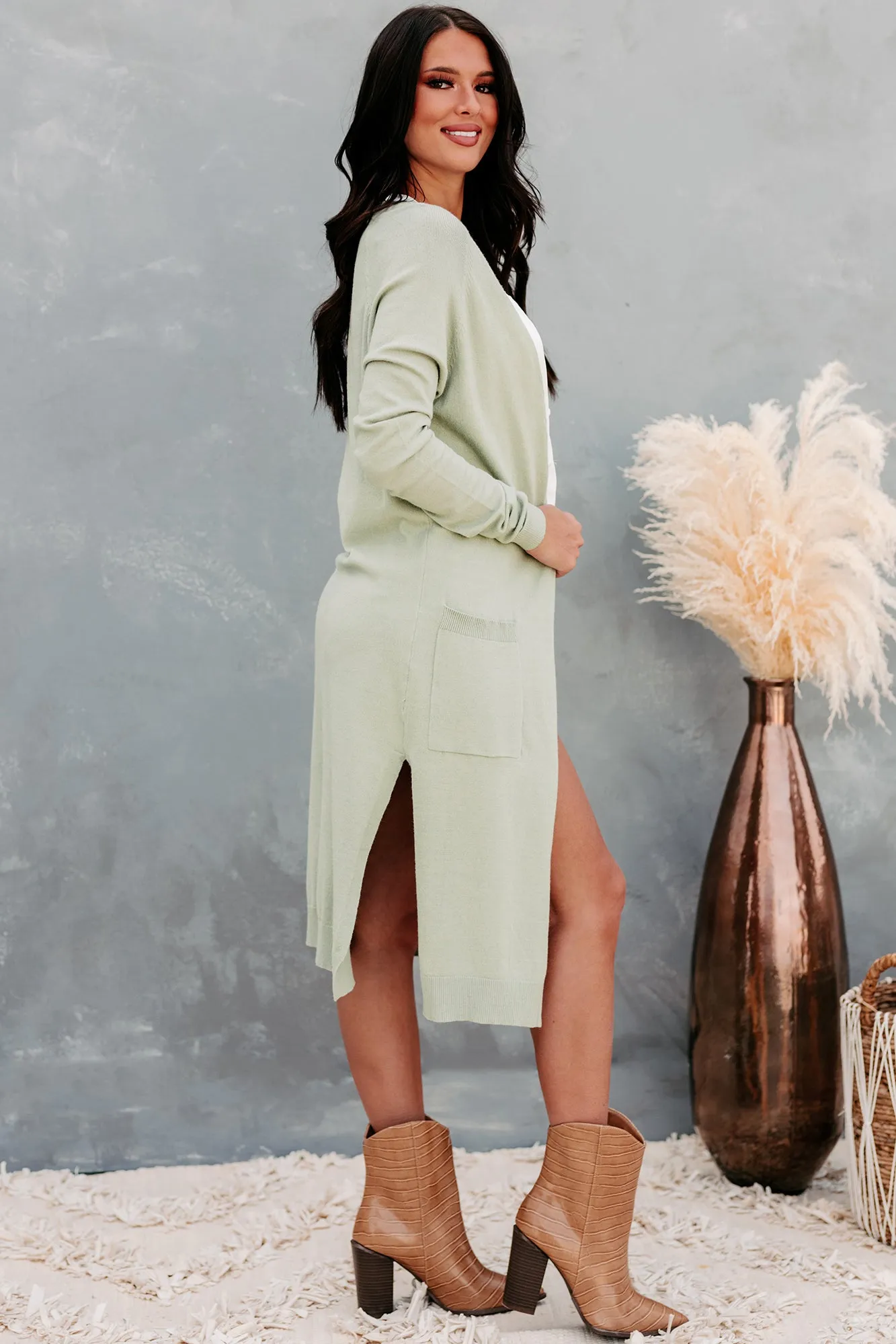 Comfortably Content Open Front Longline Cardigan (Moss)