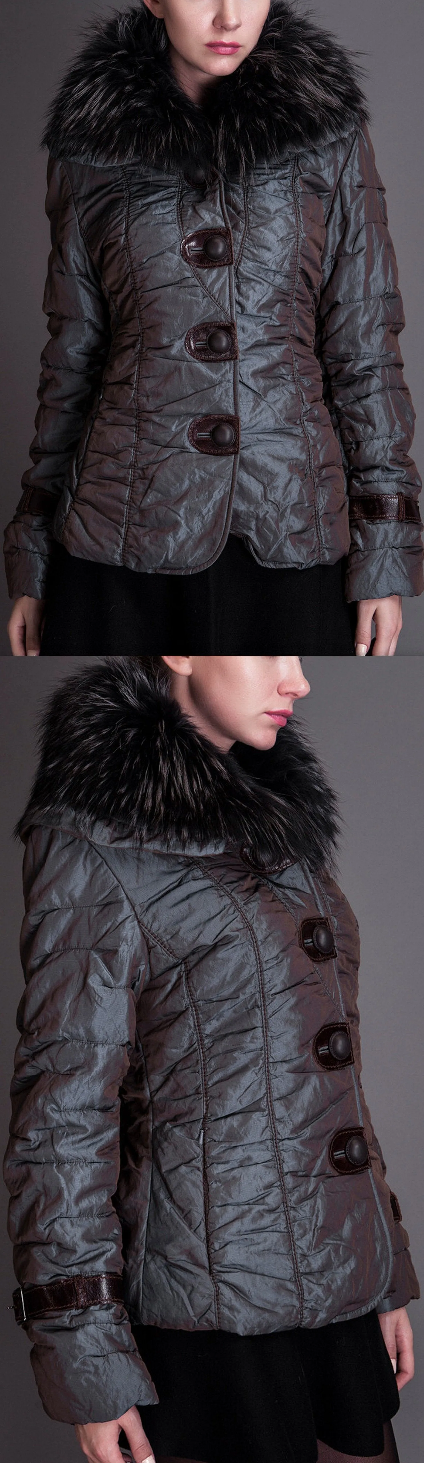 Crinkle Metallic Quilted Jacket with Fur Collar, Purple