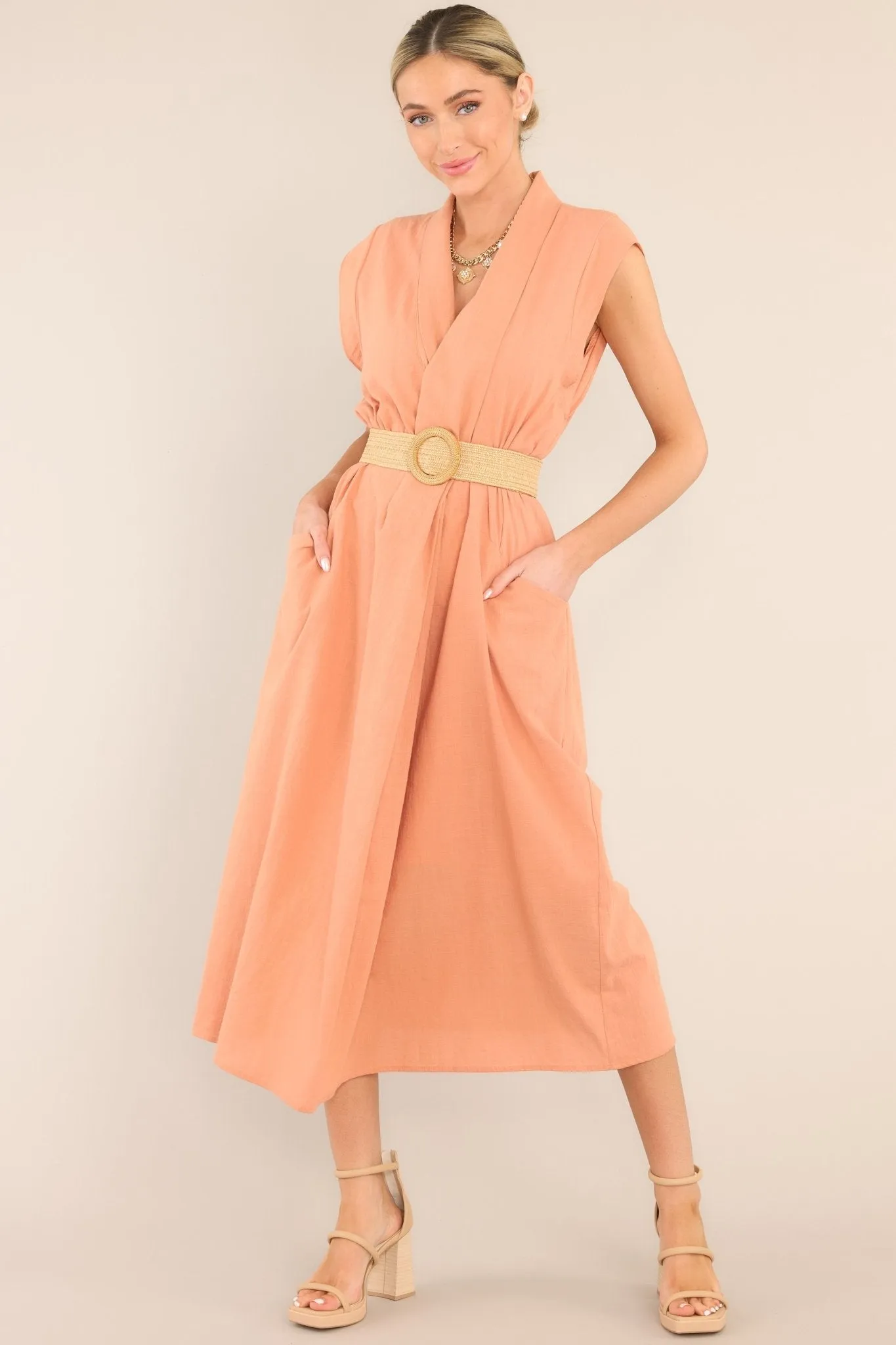 Daily Gratitude Light Clay Belted Midi Dress