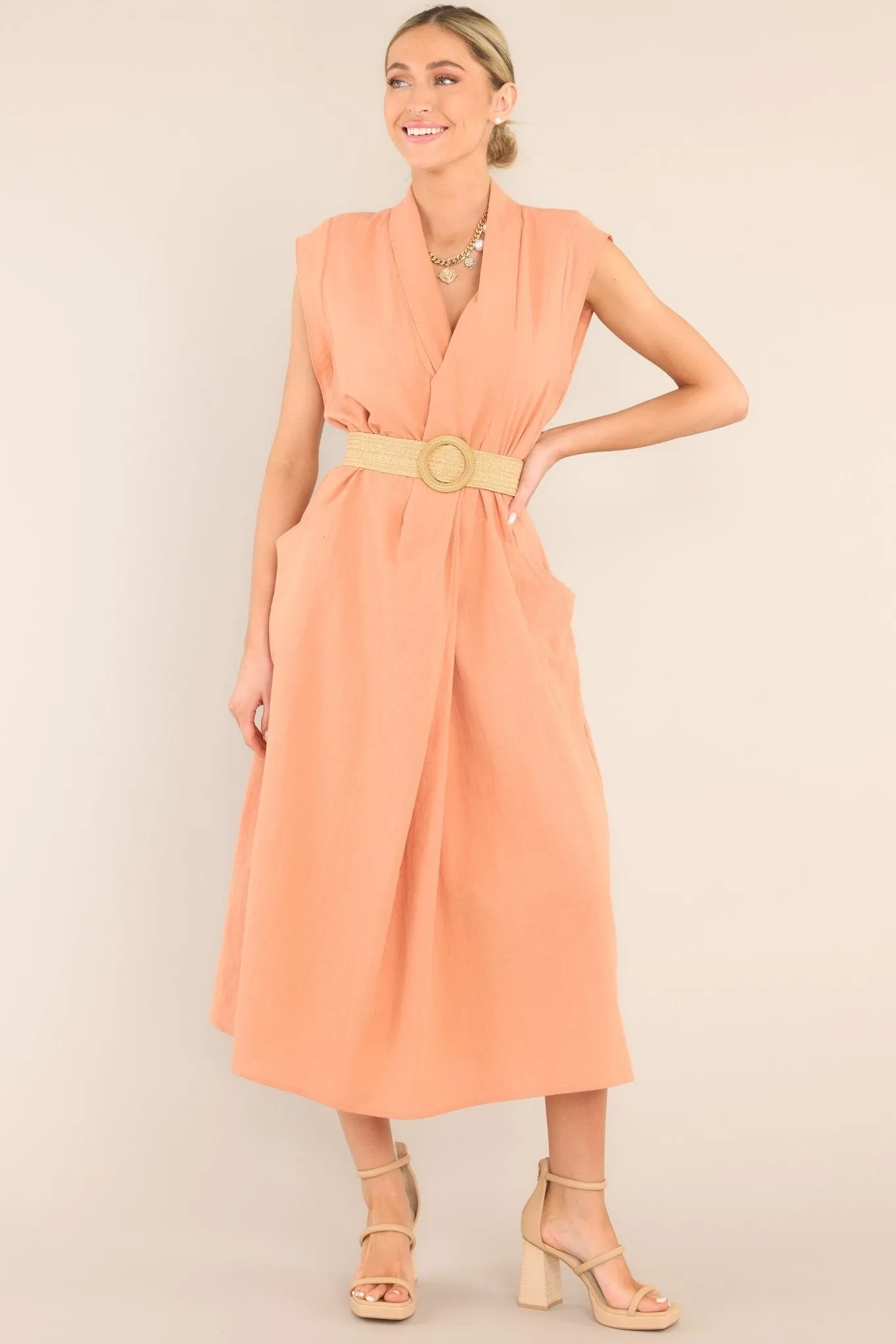 Daily Gratitude Light Clay Belted Midi Dress