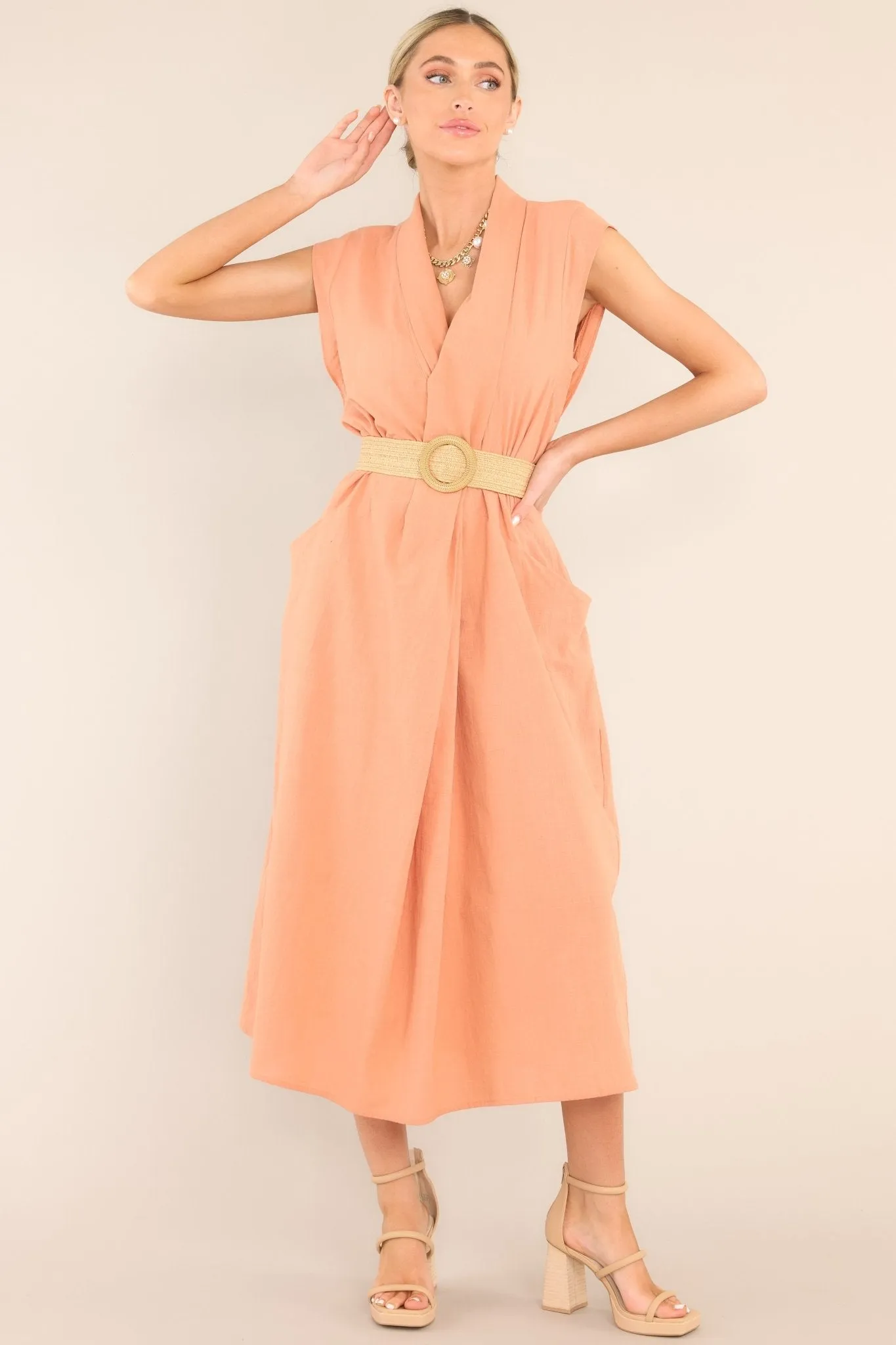 Daily Gratitude Light Clay Belted Midi Dress