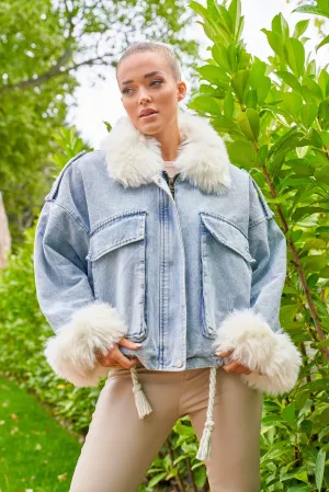 Denim Jacket With White Faux Collar and Cuffs