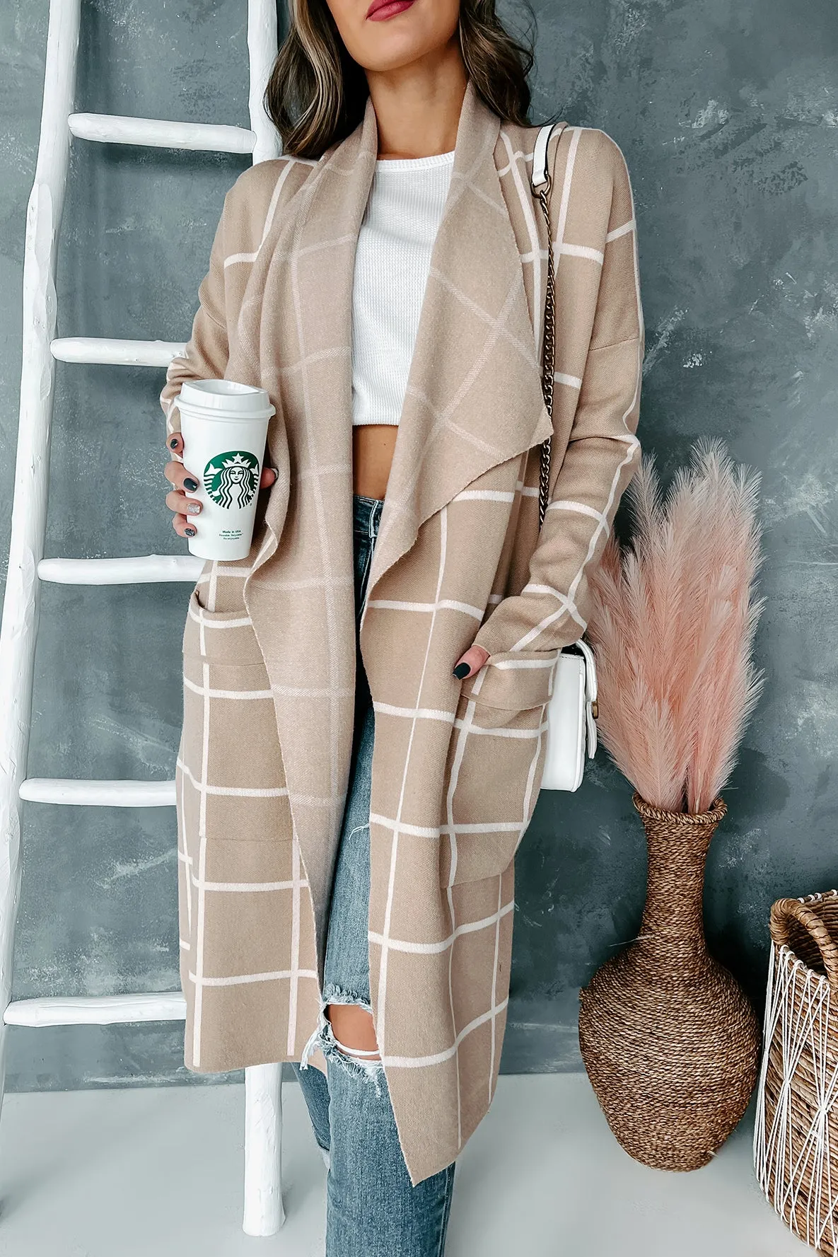 Downtown Chic Windowpane Cardigan (Taupe)