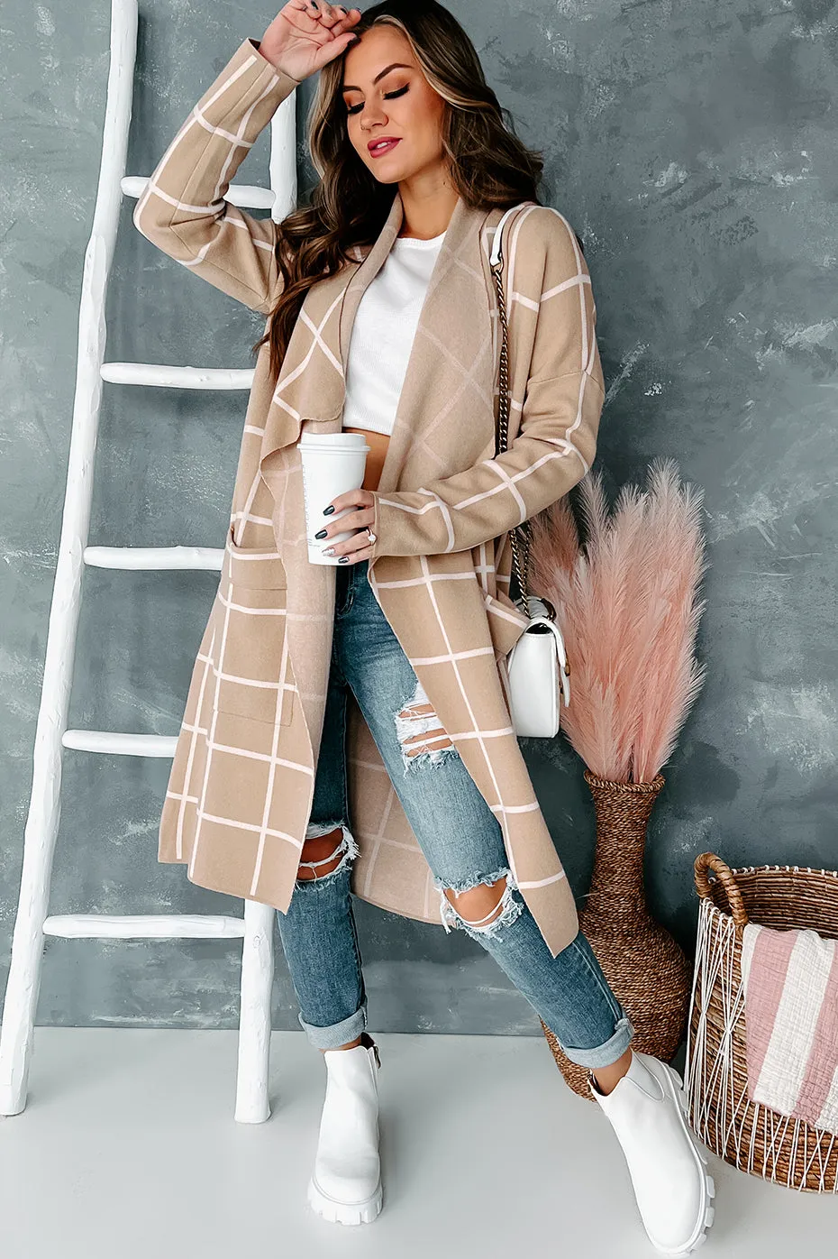 Downtown Chic Windowpane Cardigan (Taupe)