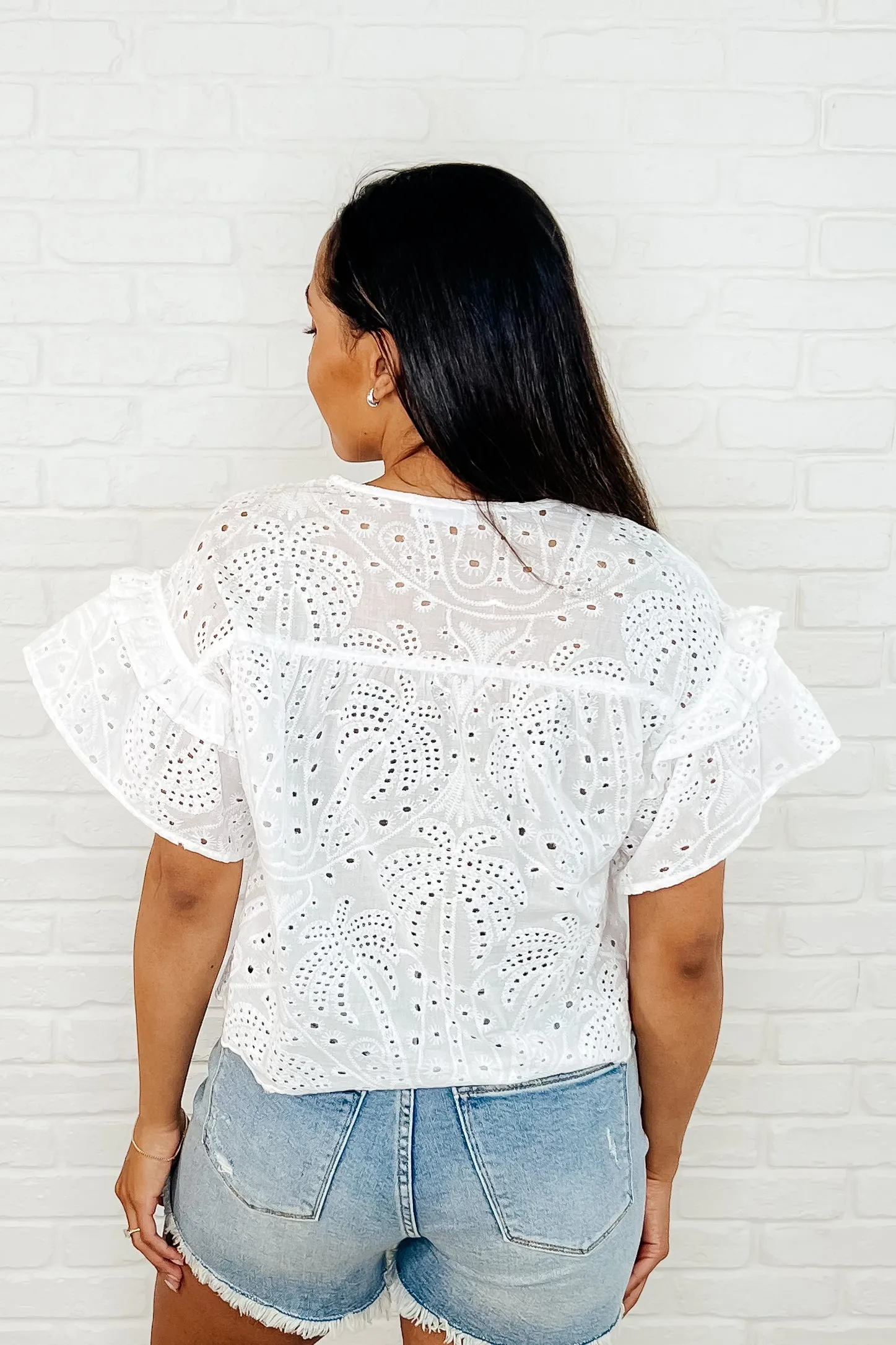 Eyelet Front Tie Top in Off White