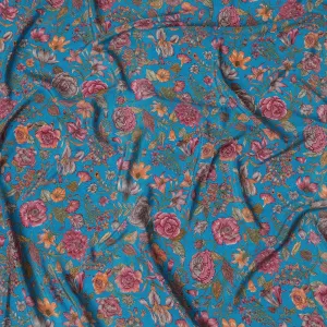 Floral Fantasy Blue Silk Crepe Fabric - Radiant Blooms on Blue, 110cm Wide - Buy Online for Vibrant Dressmaking-D18181