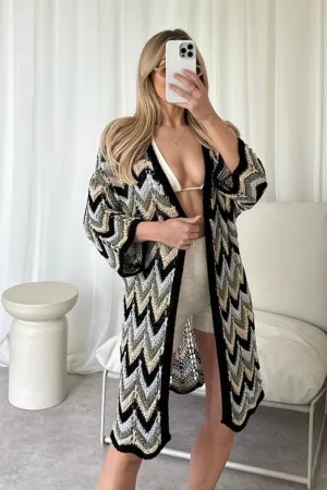 Freya black metallic zigzag crochet cardigan