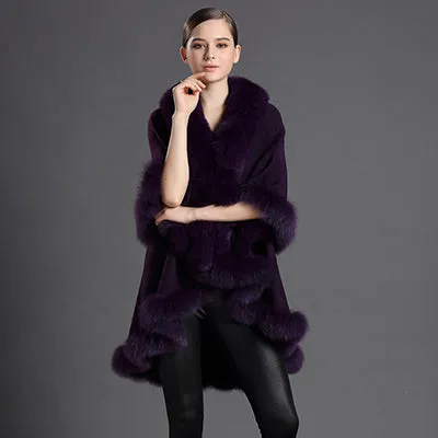 Genuine Fox Fur Collar Cashmere Shawl