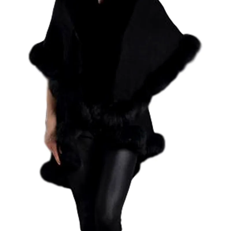 Genuine Fox Fur Collar Cashmere Shawl