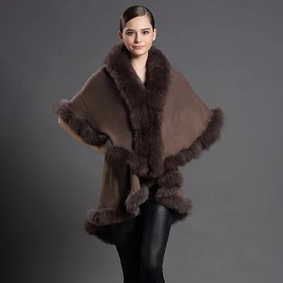 Genuine Fox Fur Collar Cashmere Shawl