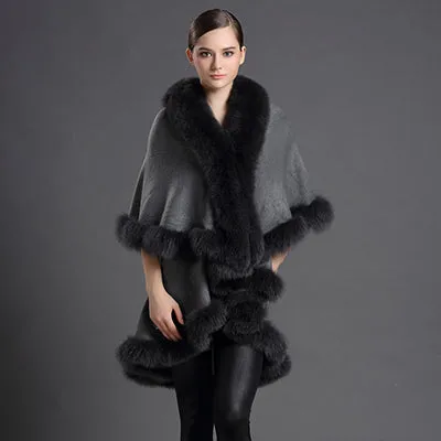 Genuine Fox Fur Collar Cashmere Shawl