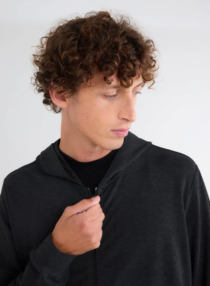 Gilet Marine Zippé à Capuche Manches Longues en Viscose et Élasthanne
