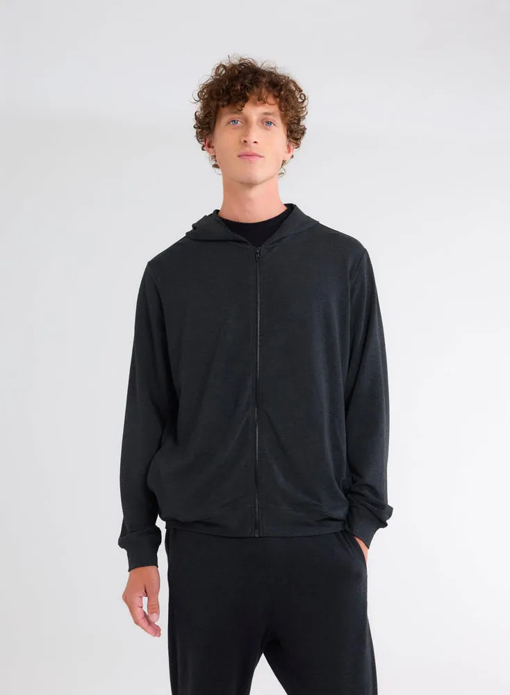 Gilet Marine Zippé à Capuche Manches Longues en Viscose et Élasthanne