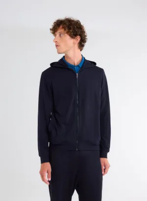 Gilet Marine Zippé à Capuche Manches Longues en Viscose et Élasthanne