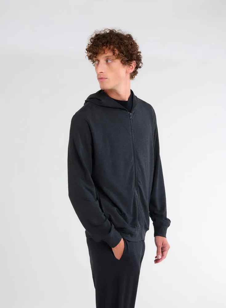 Gilet Marine Zippé à Capuche Manches Longues en Viscose et Élasthanne