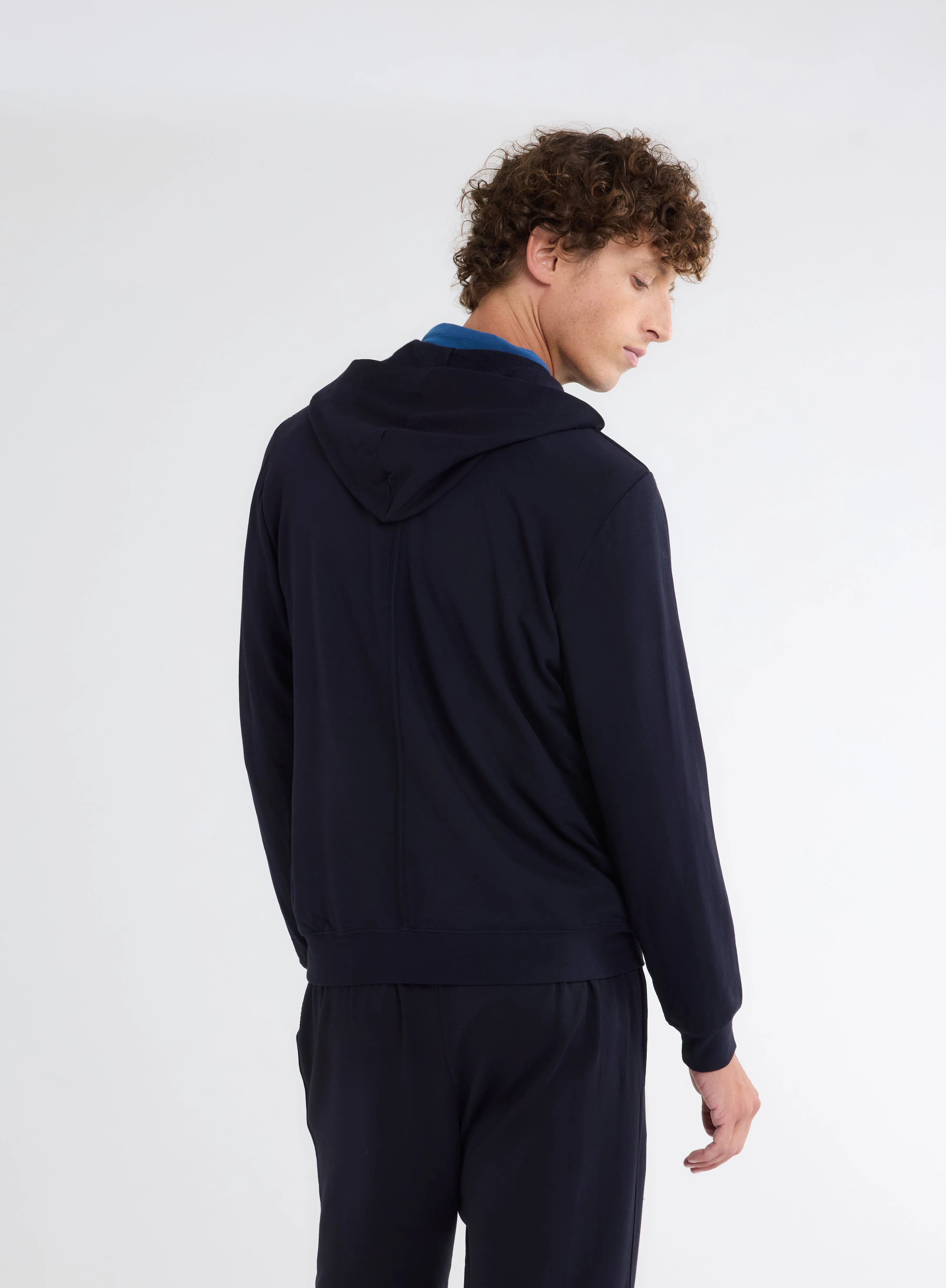 Gilet Marine Zippé à Capuche Manches Longues en Viscose et Élasthanne