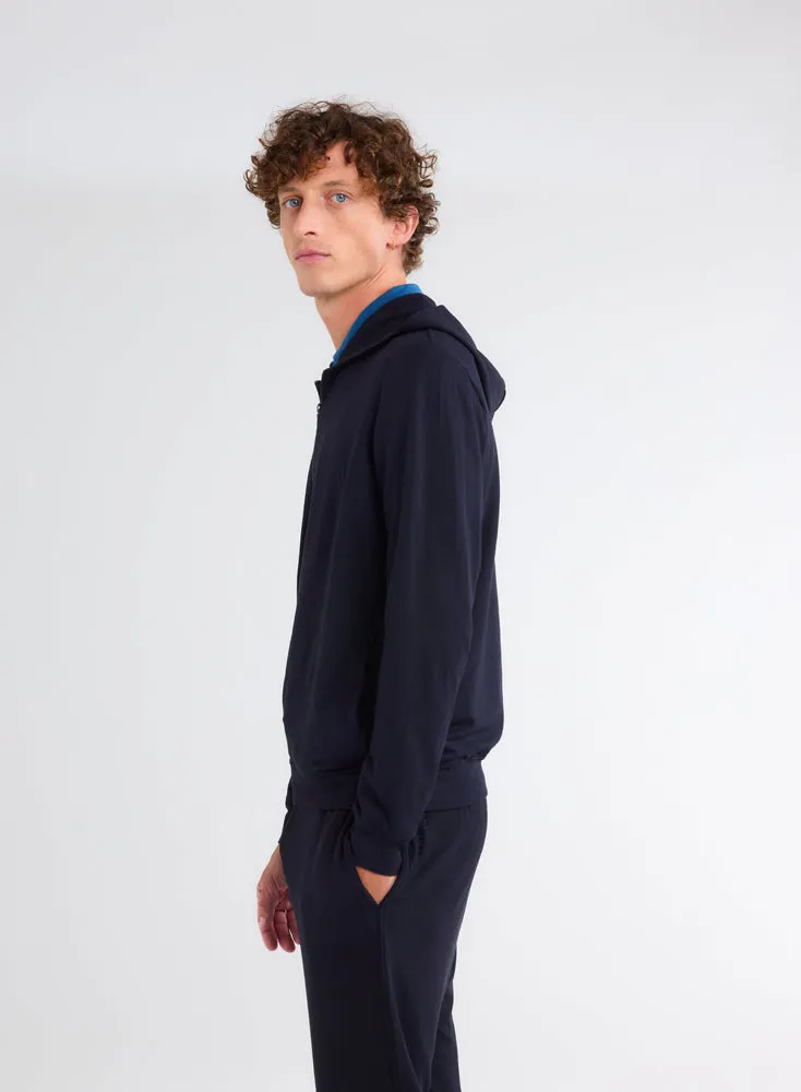 Gilet Marine Zippé à Capuche Manches Longues en Viscose et Élasthanne