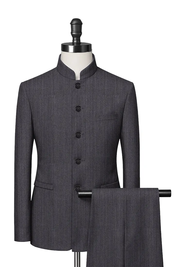 Grey Herringbone Mandarin Collar Suit