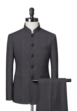 Grey Herringbone Mandarin Collar Suit