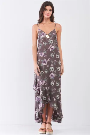 Grey Multi Floral Print Sleeveless V-Neck Asymmetrical Wrap Ruffle Trim Maxi Dress /2-2-1-1
